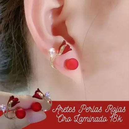 Aretes Perlas Rojas | Oro Laminado 18k