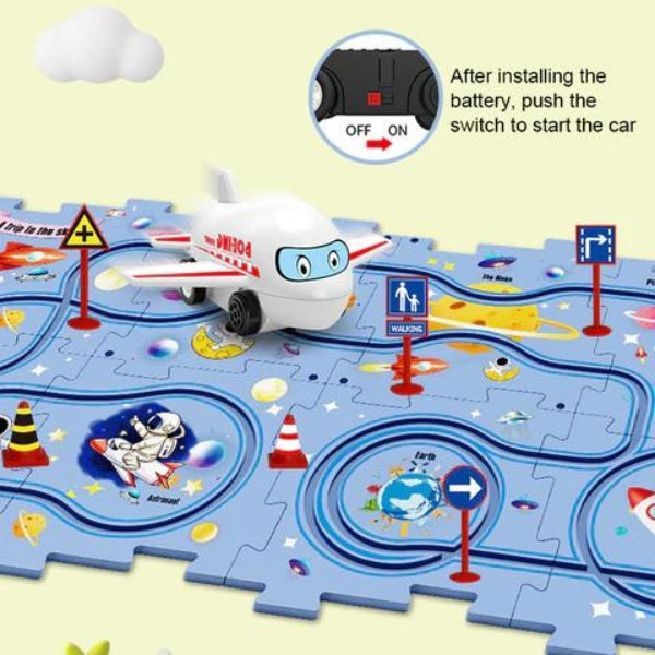 🏁 Pista de carreras con rompecabezas didáctico para niños | 15 piezas + 1 vehículo eléctrico